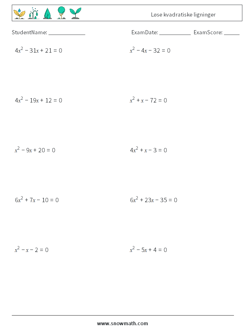 Løse kvadratiske ligninger MathWorksheets 7