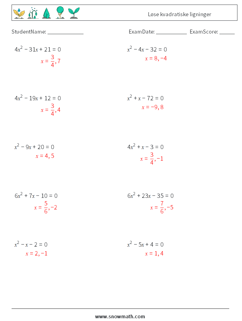 Løse kvadratiske ligninger MathWorksheets 7 QuestionAnswer