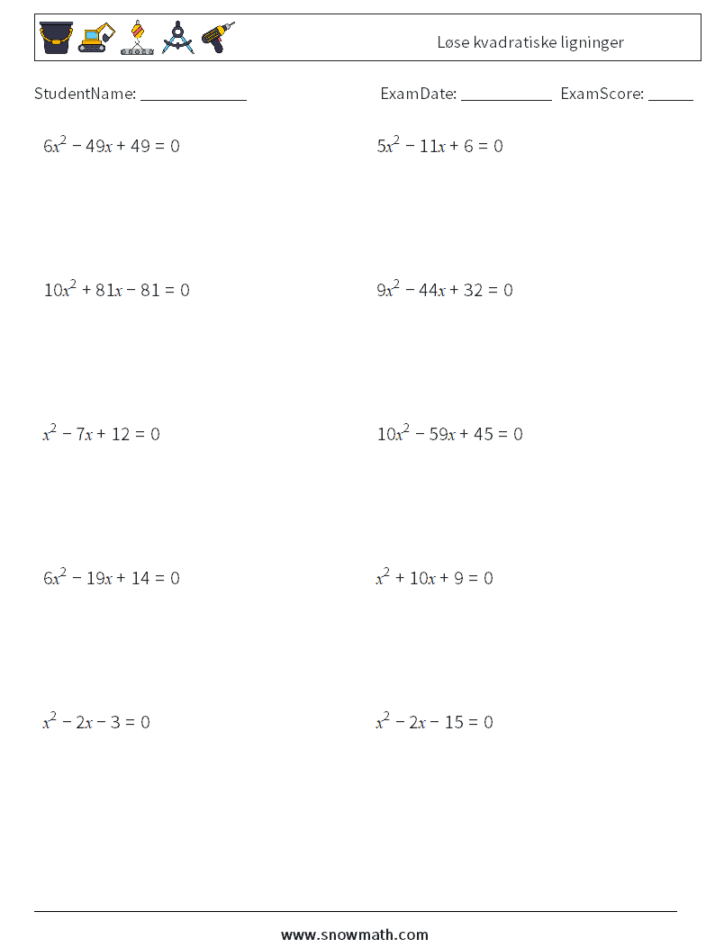 Løse kvadratiske ligninger MathWorksheets 8