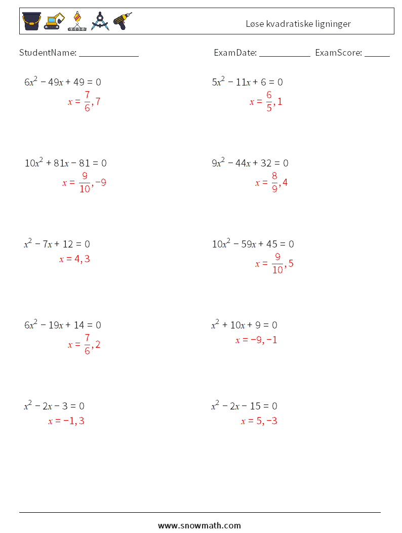 Løse kvadratiske ligninger MathWorksheets 8 QuestionAnswer
