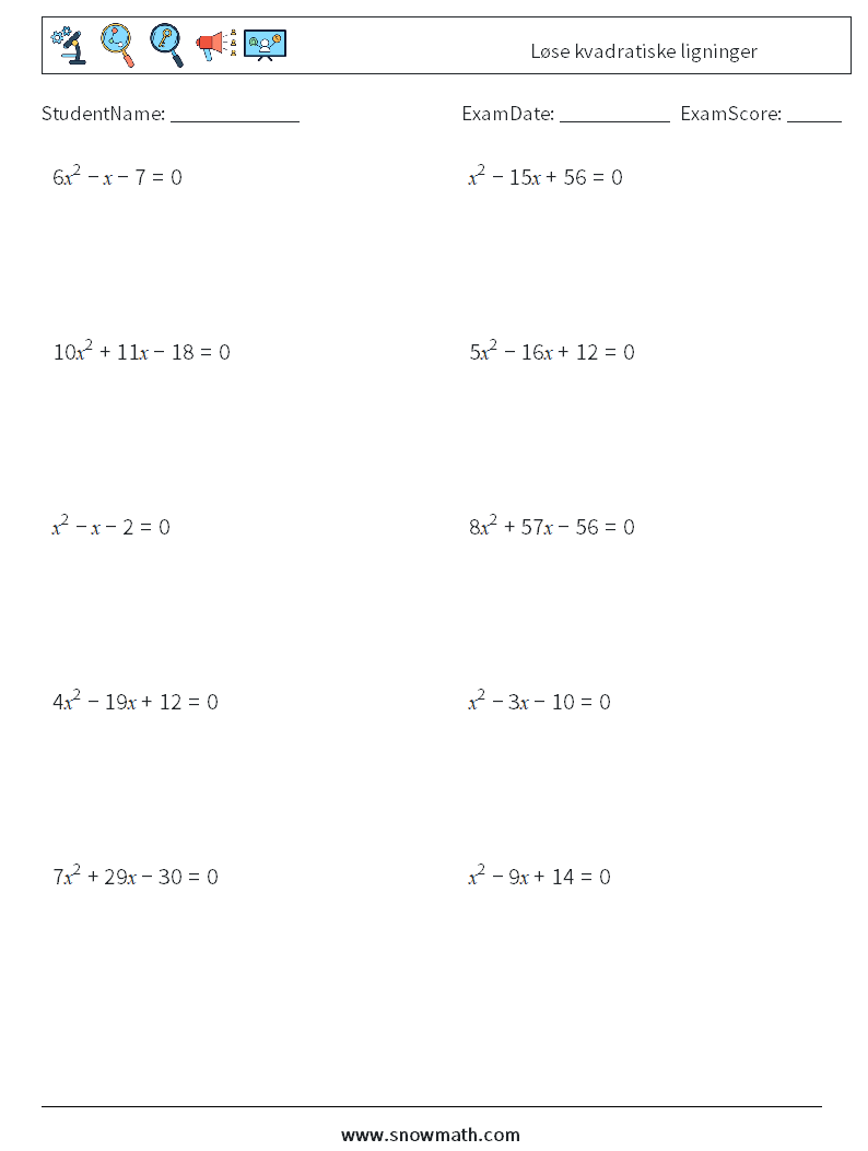 Løse kvadratiske ligninger MathWorksheets 9