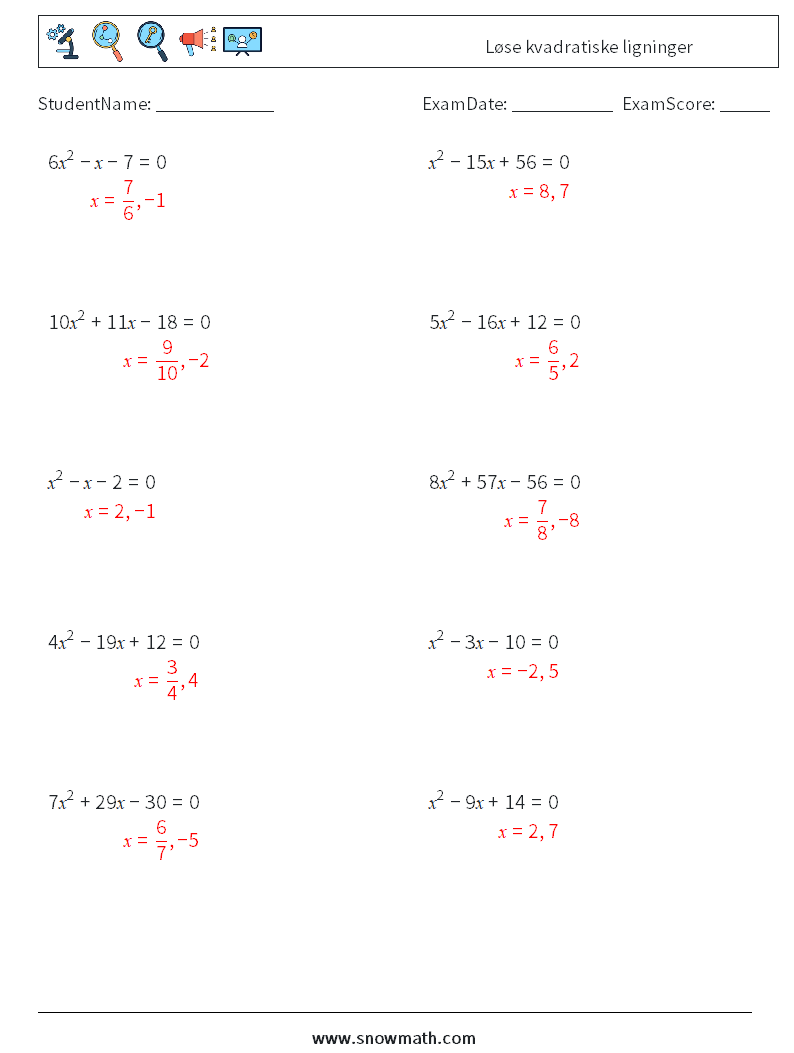 Løse kvadratiske ligninger MathWorksheets 9 QuestionAnswer