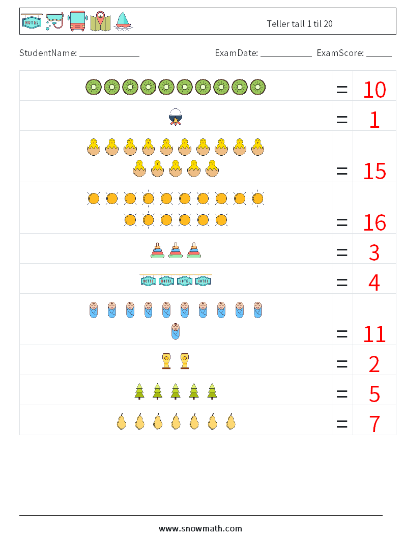 Teller tall 1 til 20 MathWorksheets 12 QuestionAnswer