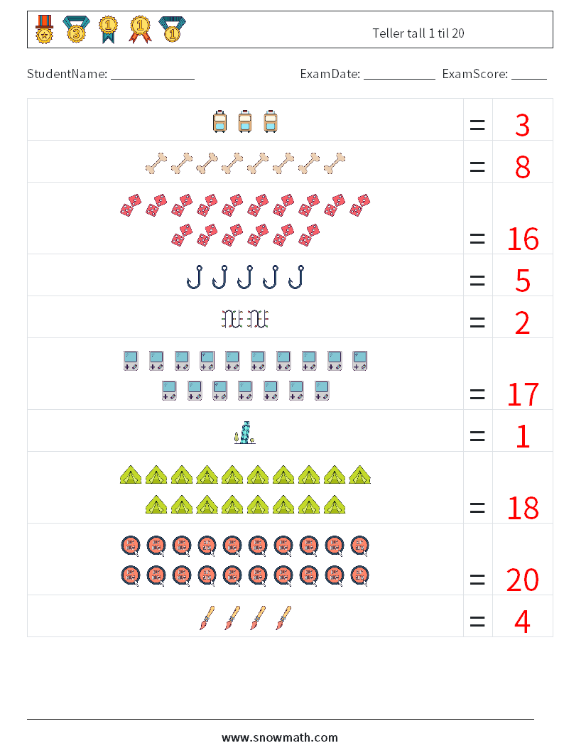 Teller tall 1 til 20 MathWorksheets 13 QuestionAnswer