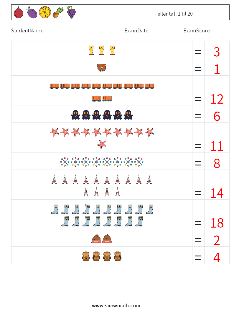 Teller tall 1 til 20 MathWorksheets 14 QuestionAnswer