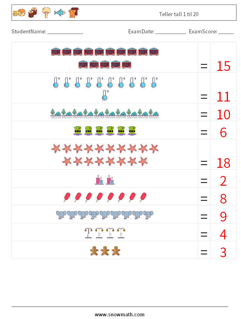 Teller tall 1 til 20 MathWorksheets 16 QuestionAnswer