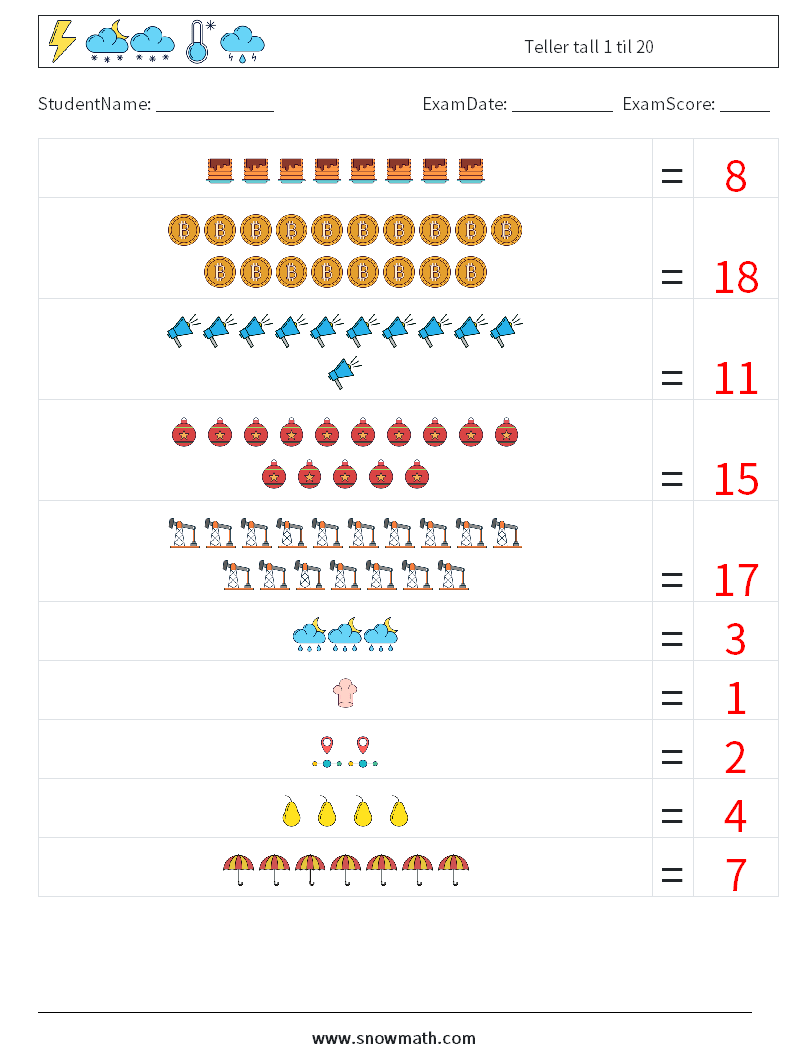 Teller tall 1 til 20 MathWorksheets 17 QuestionAnswer