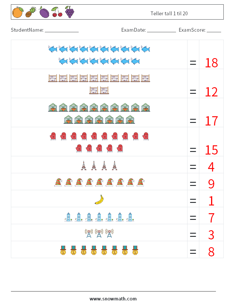 Teller tall 1 til 20 MathWorksheets 18 QuestionAnswer