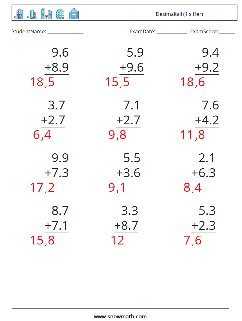 (12) Desimaltall (1 siffer) MathWorksheets 10 QuestionAnswer