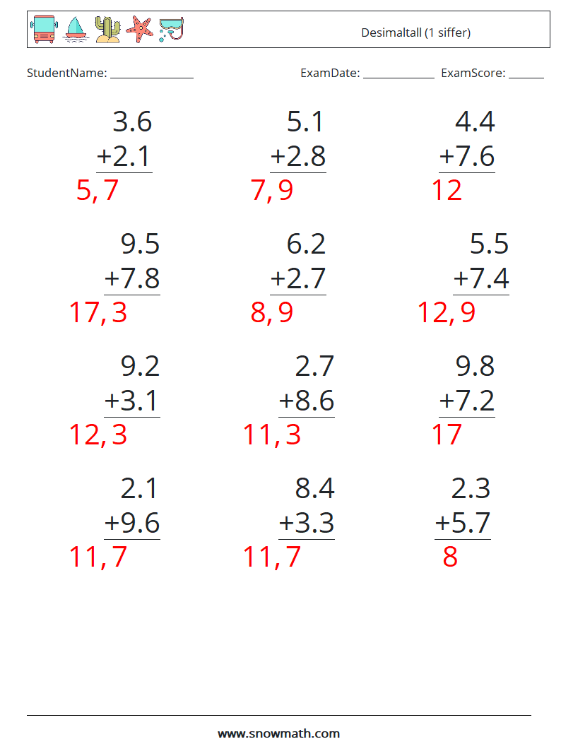 (12) Desimaltall (1 siffer) MathWorksheets 11 QuestionAnswer