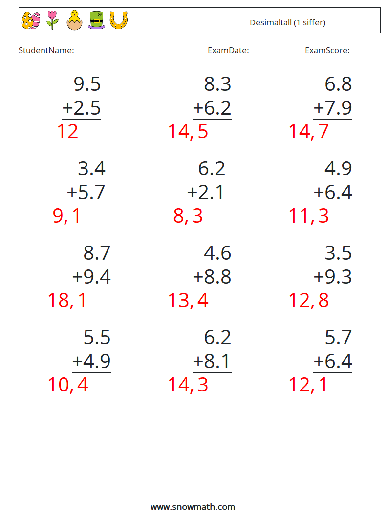 (12) Desimaltall (1 siffer) MathWorksheets 13 QuestionAnswer