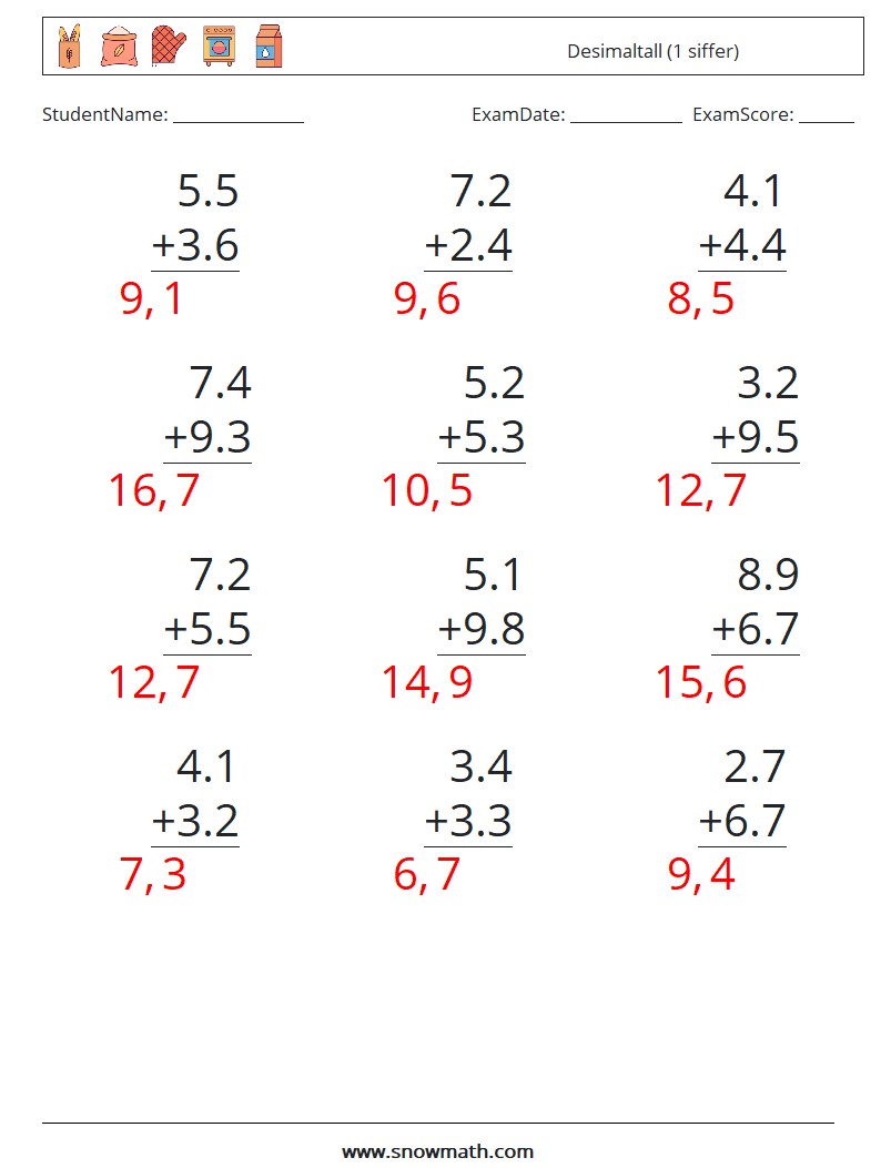 (12) Desimaltall (1 siffer) MathWorksheets 14 QuestionAnswer