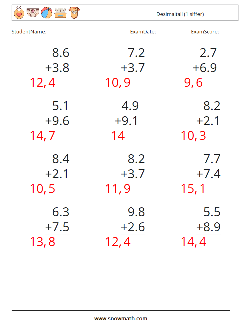 (12) Desimaltall (1 siffer) MathWorksheets 18 QuestionAnswer