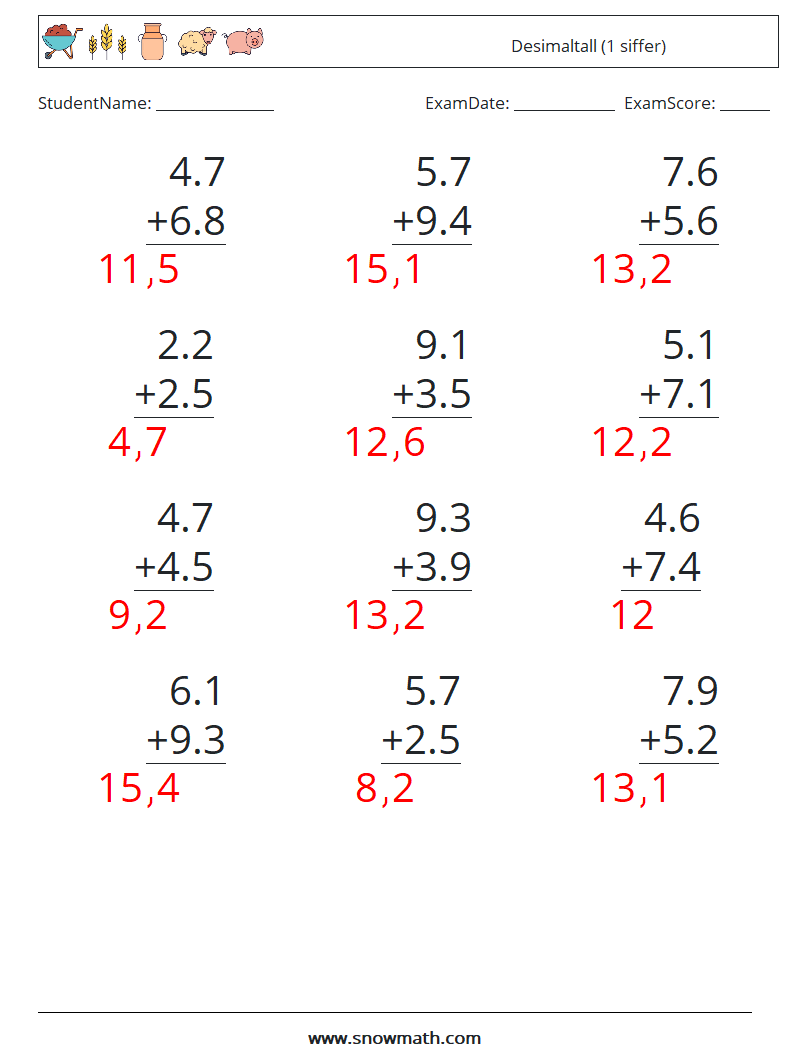 (12) Desimaltall (1 siffer) MathWorksheets 1 QuestionAnswer