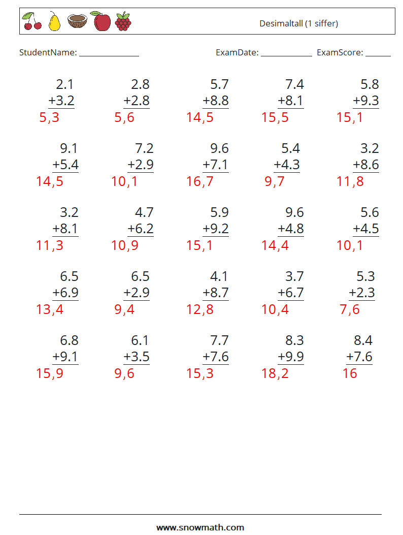 (25) Desimaltall (1 siffer) MathWorksheets 10 QuestionAnswer