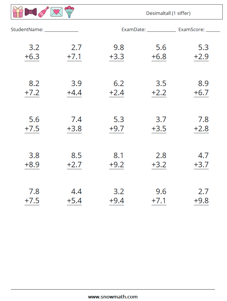 (25) Desimaltall (1 siffer) MathWorksheets 12