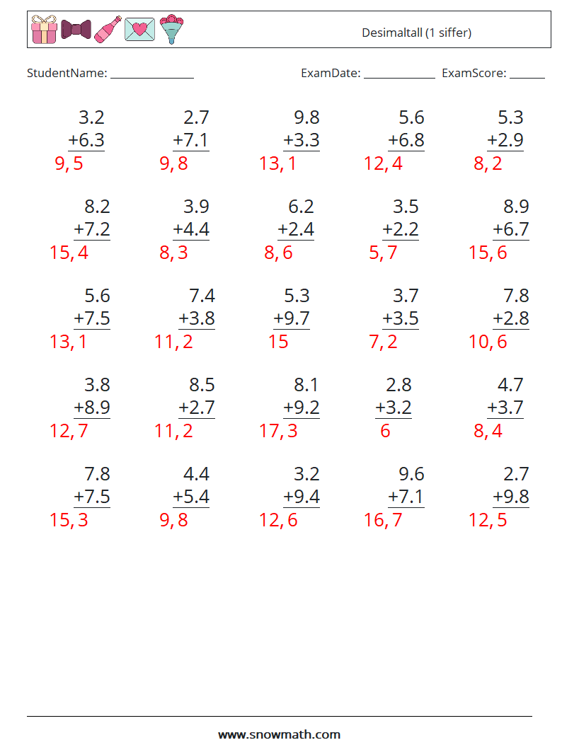 (25) Desimaltall (1 siffer) MathWorksheets 12 QuestionAnswer