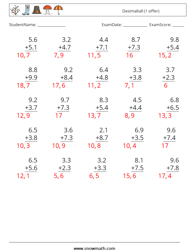 (25) Desimaltall (1 siffer) MathWorksheets 13 QuestionAnswer