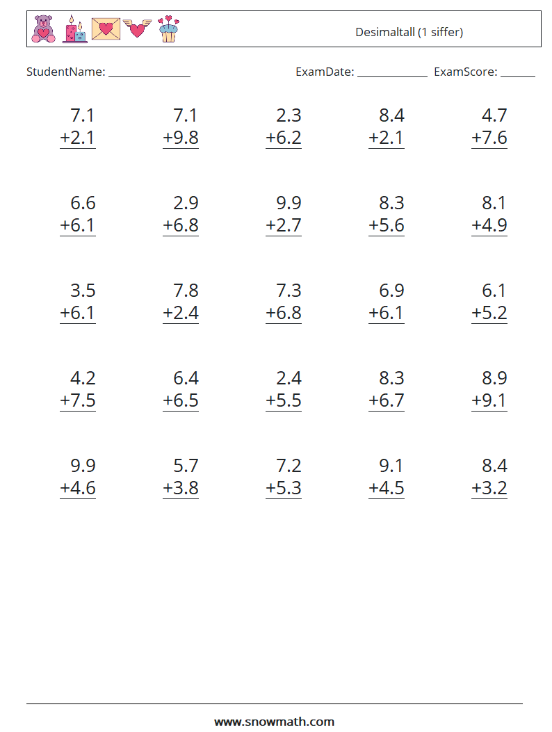 (25) Desimaltall (1 siffer) MathWorksheets 14