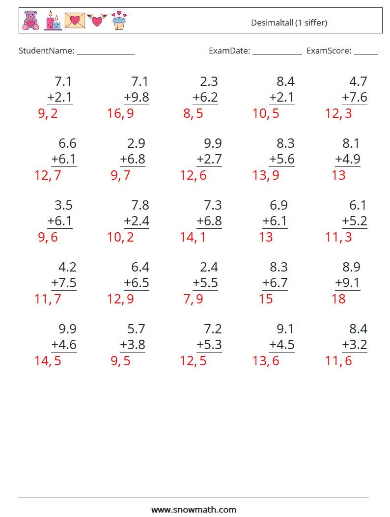 (25) Desimaltall (1 siffer) MathWorksheets 14 QuestionAnswer