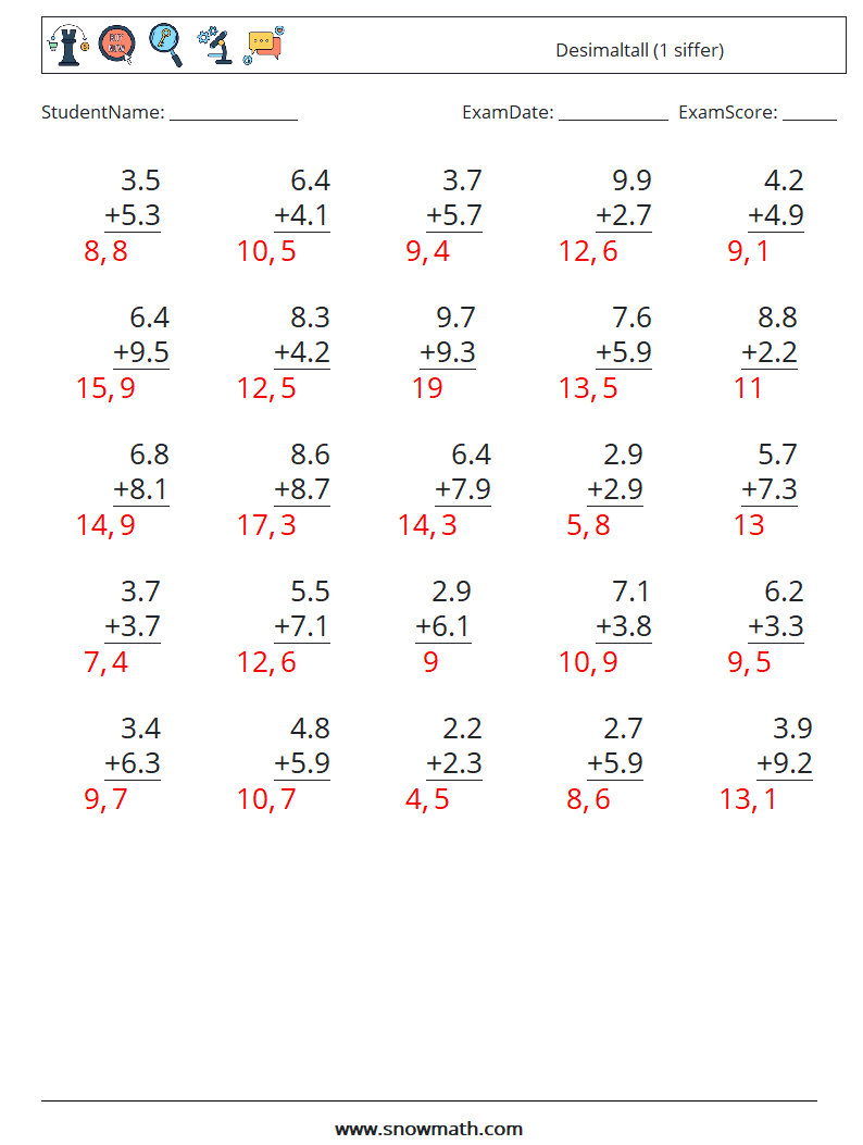 (25) Desimaltall (1 siffer) MathWorksheets 15 QuestionAnswer