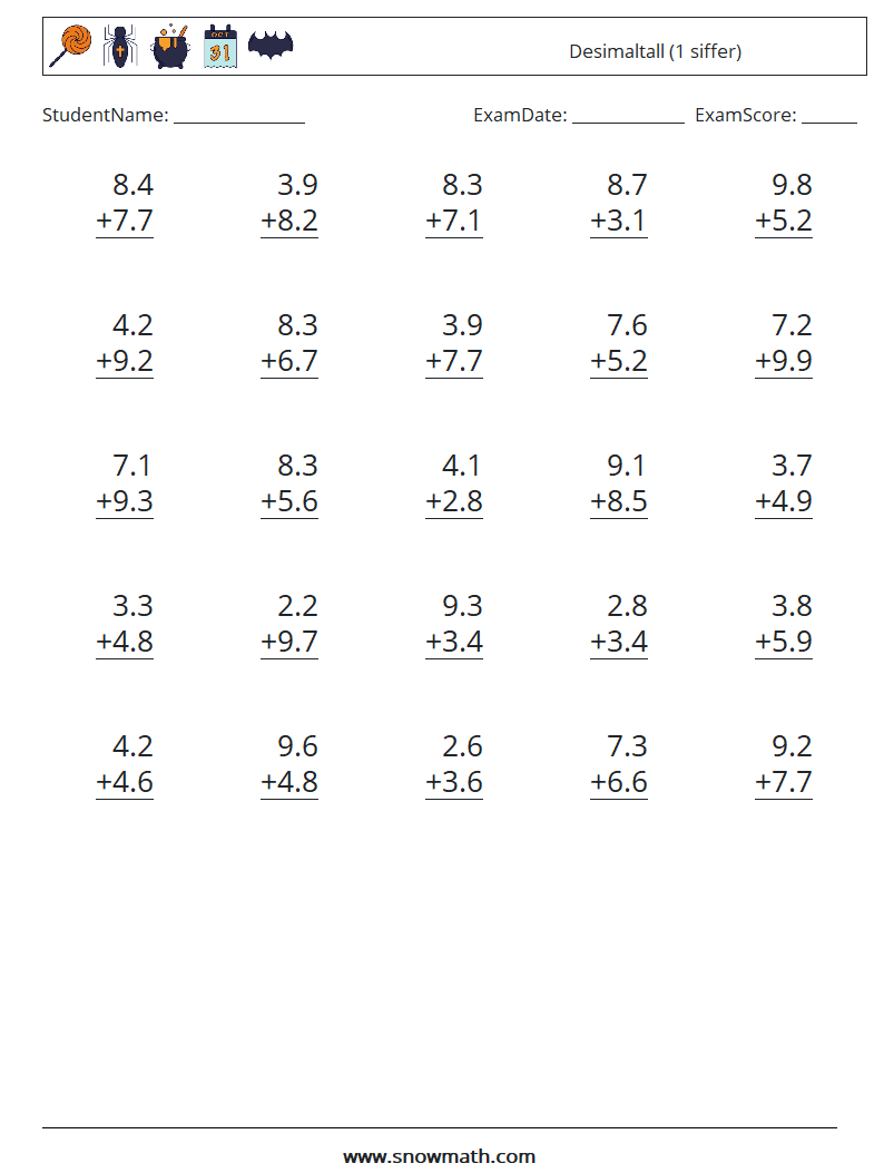 (25) Desimaltall (1 siffer) MathWorksheets 17