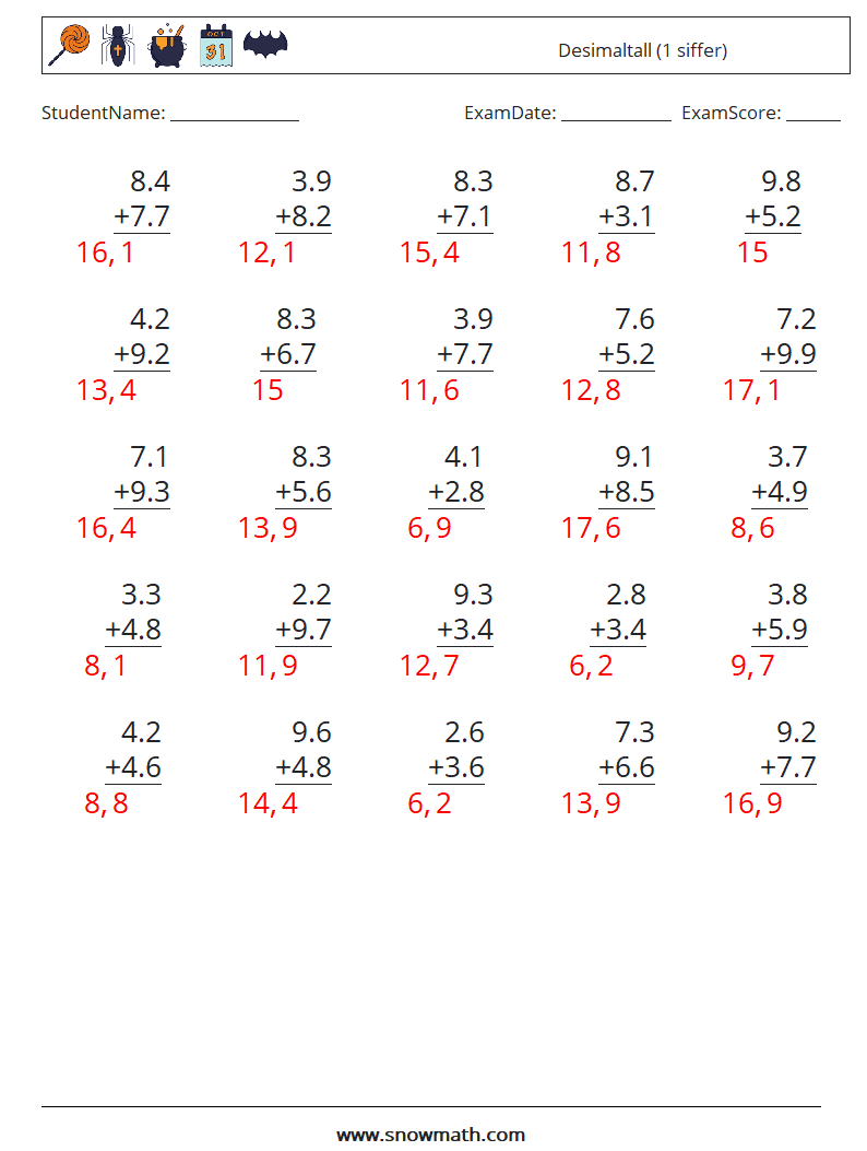 (25) Desimaltall (1 siffer) MathWorksheets 17 QuestionAnswer