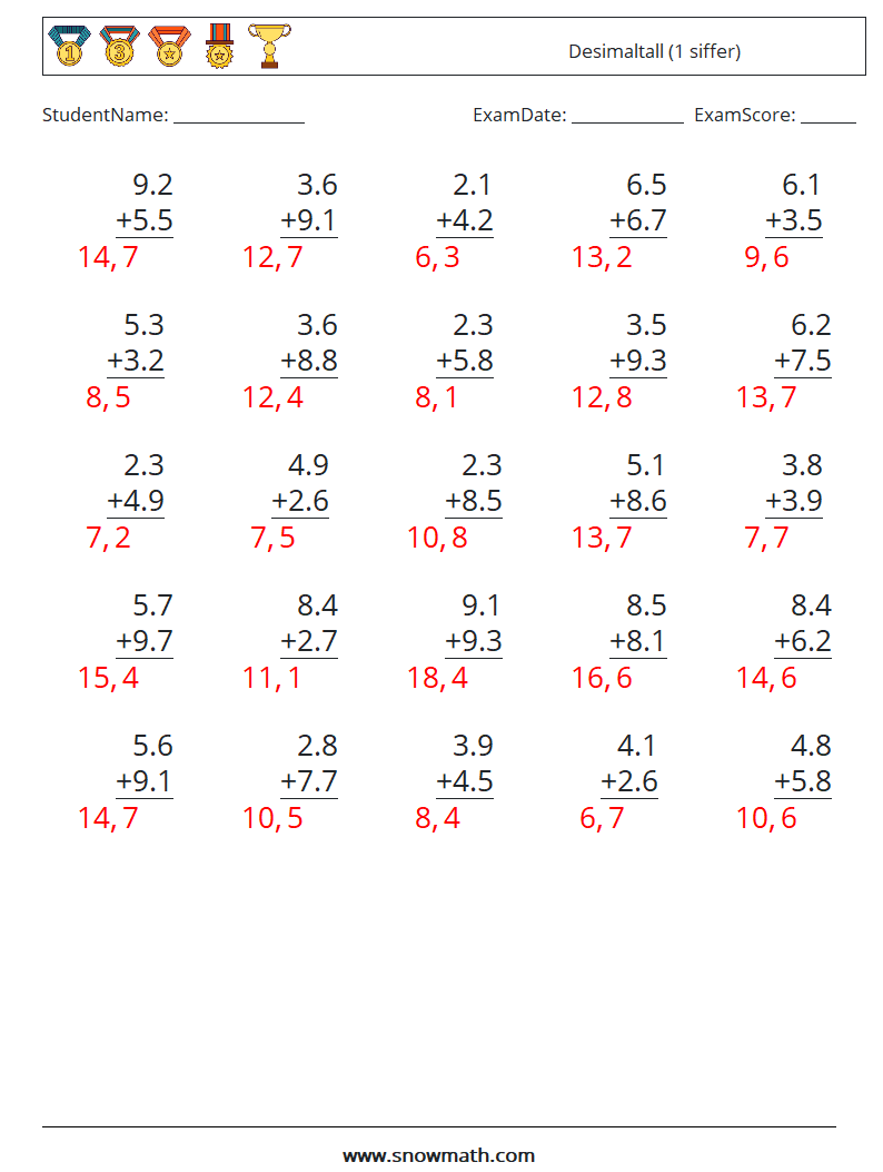 (25) Desimaltall (1 siffer) MathWorksheets 18 QuestionAnswer
