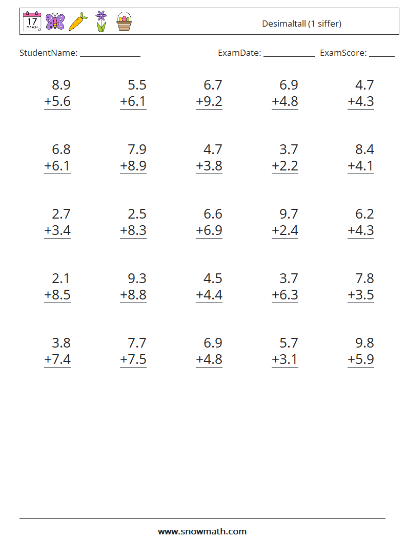 (25) Desimaltall (1 siffer) MathWorksheets 4
