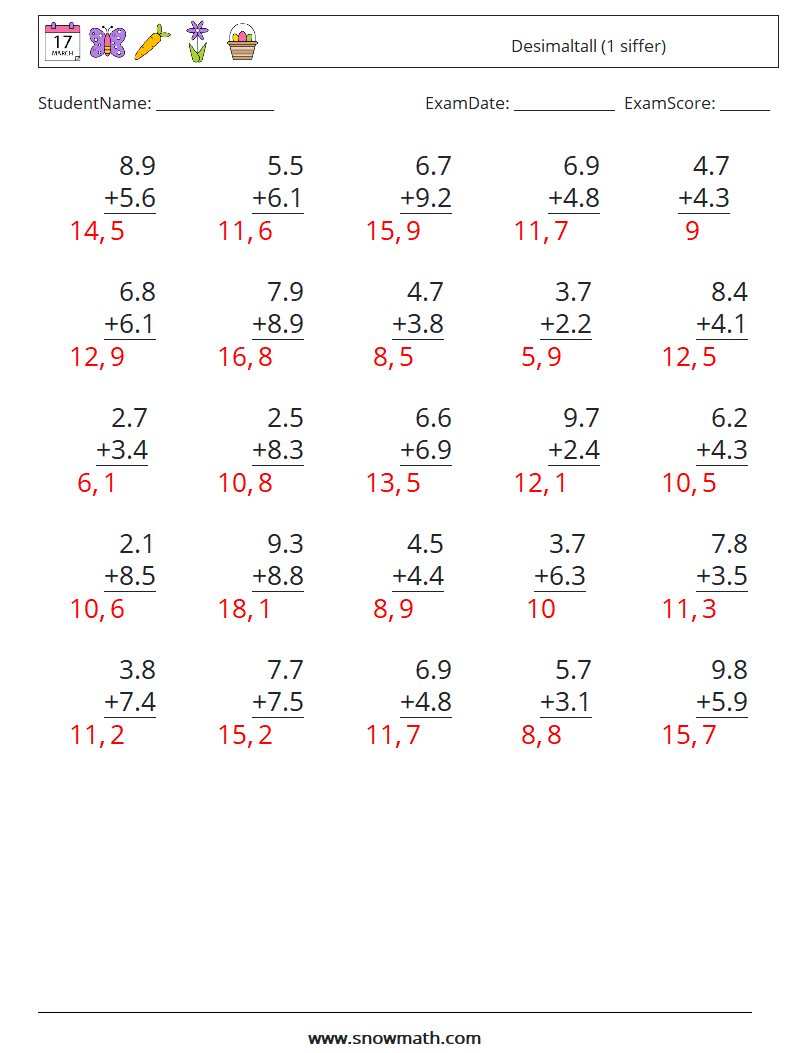 (25) Desimaltall (1 siffer) MathWorksheets 4 QuestionAnswer