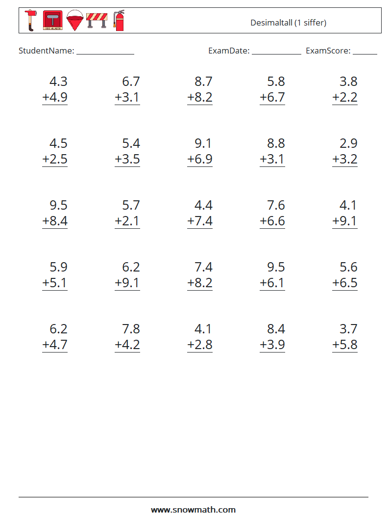 (25) Desimaltall (1 siffer) MathWorksheets 5