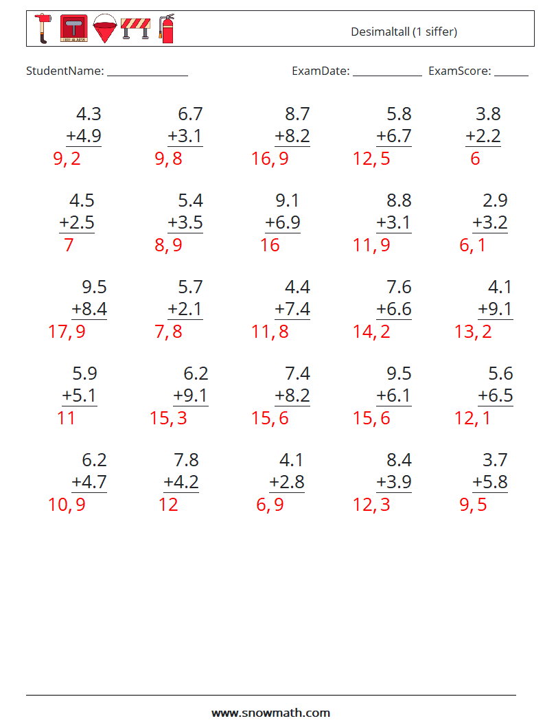 (25) Desimaltall (1 siffer) MathWorksheets 5 QuestionAnswer
