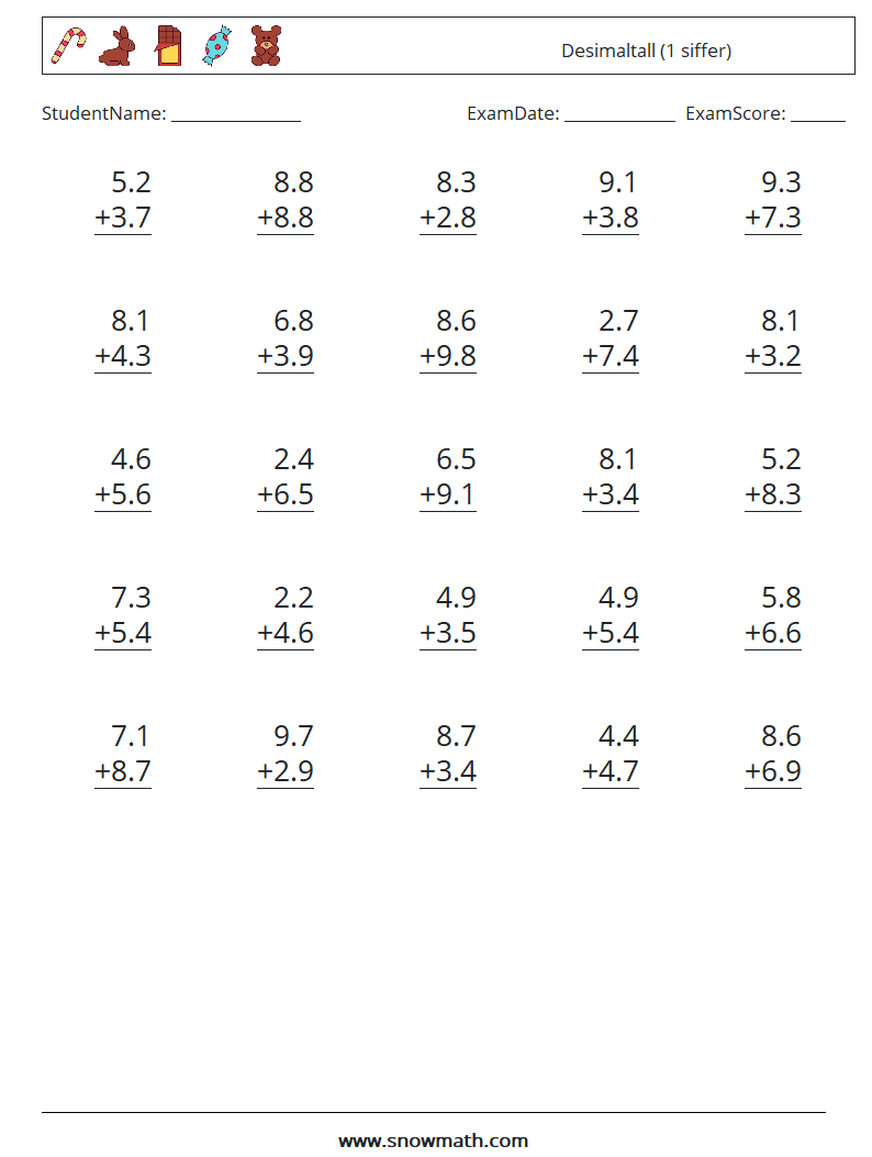 (25) Desimaltall (1 siffer) MathWorksheets 6