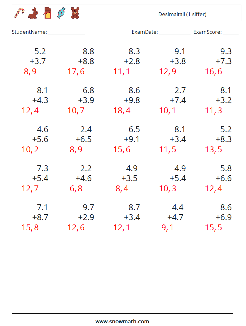 (25) Desimaltall (1 siffer) MathWorksheets 6 QuestionAnswer