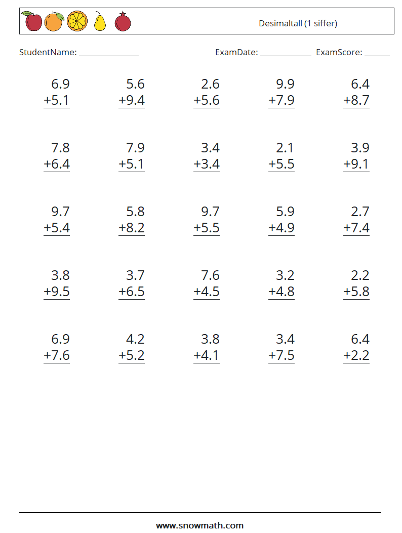 (25) Desimaltall (1 siffer) MathWorksheets 7