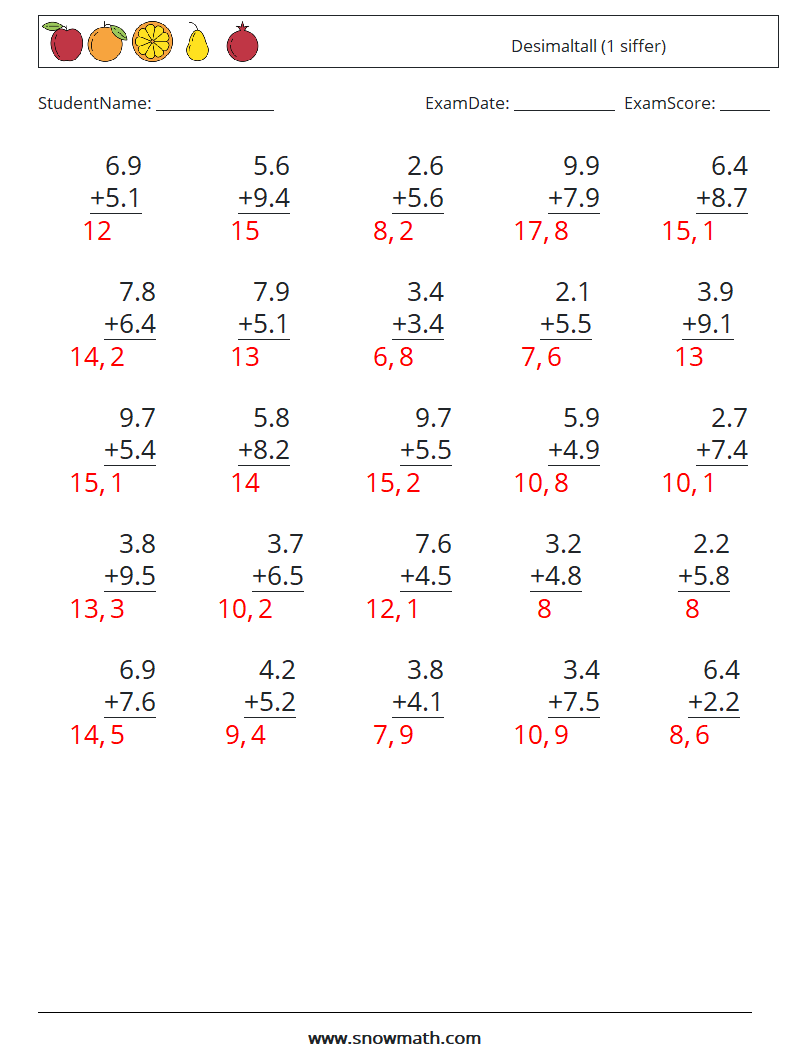 (25) Desimaltall (1 siffer) MathWorksheets 7 QuestionAnswer