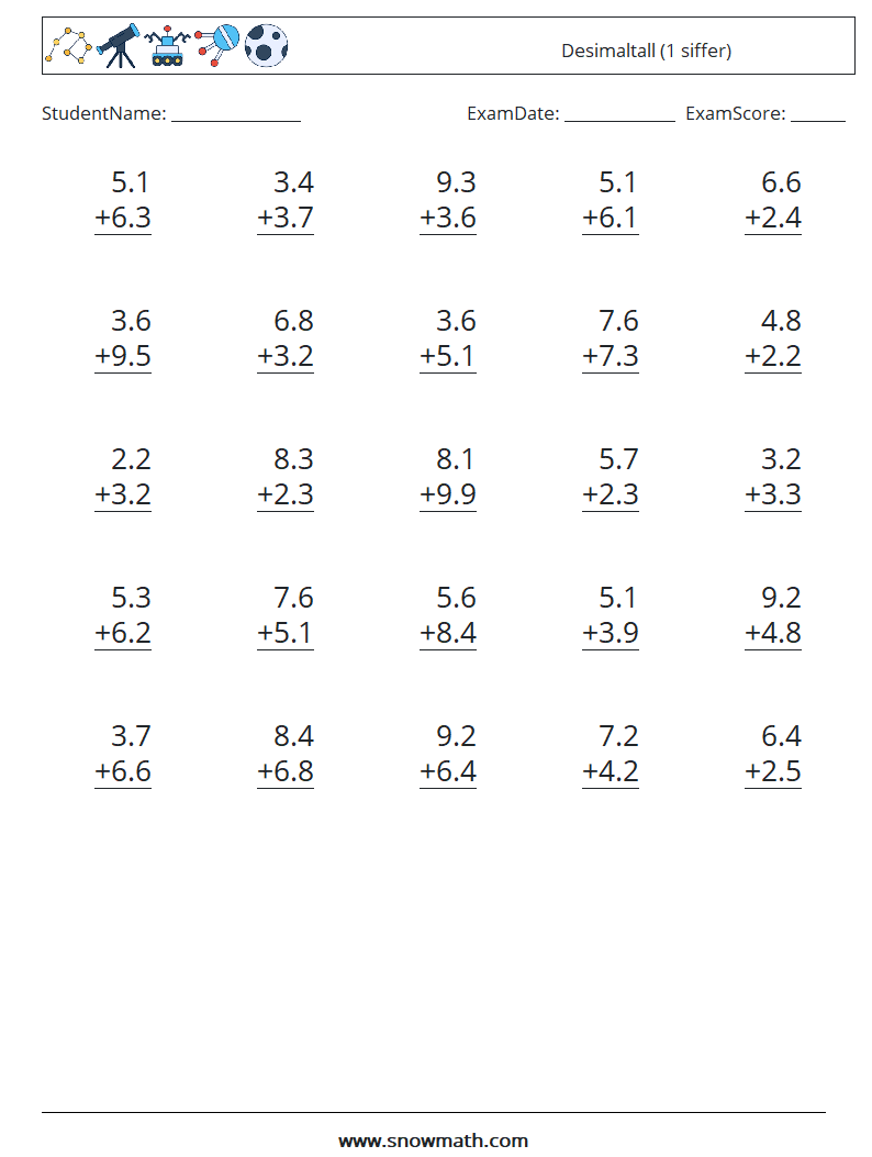 (25) Desimaltall (1 siffer) MathWorksheets 8