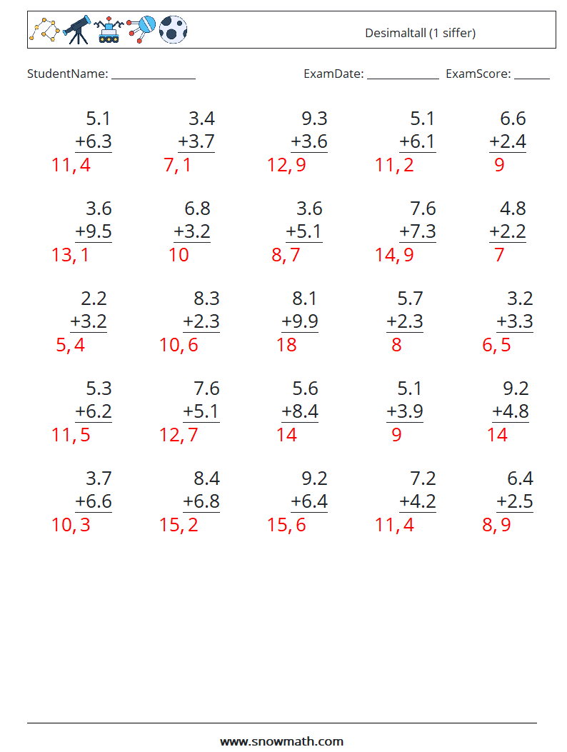 (25) Desimaltall (1 siffer) MathWorksheets 8 QuestionAnswer