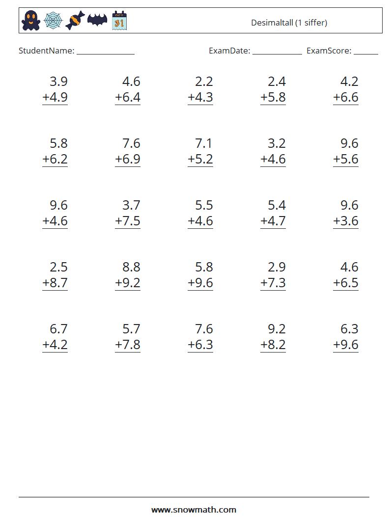 (25) Desimaltall (1 siffer) MathWorksheets 9