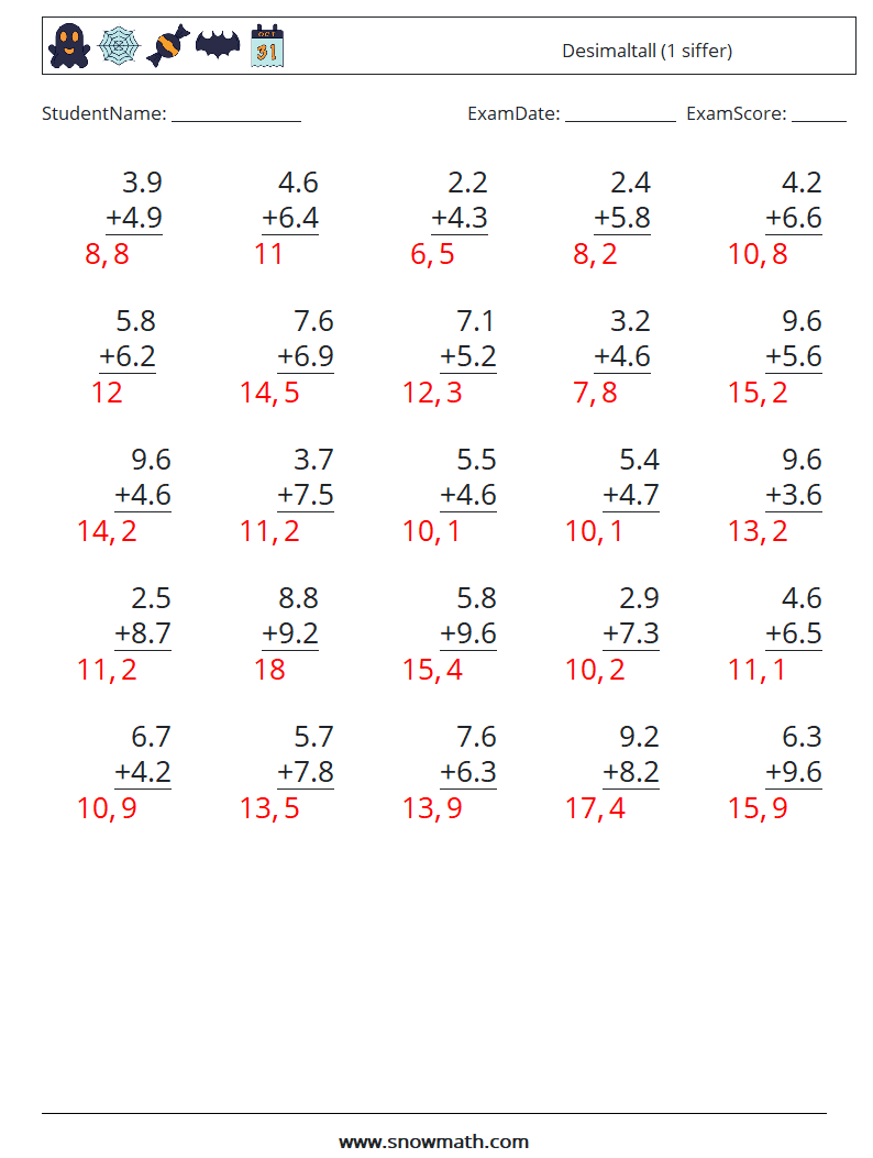 (25) Desimaltall (1 siffer) MathWorksheets 9 QuestionAnswer