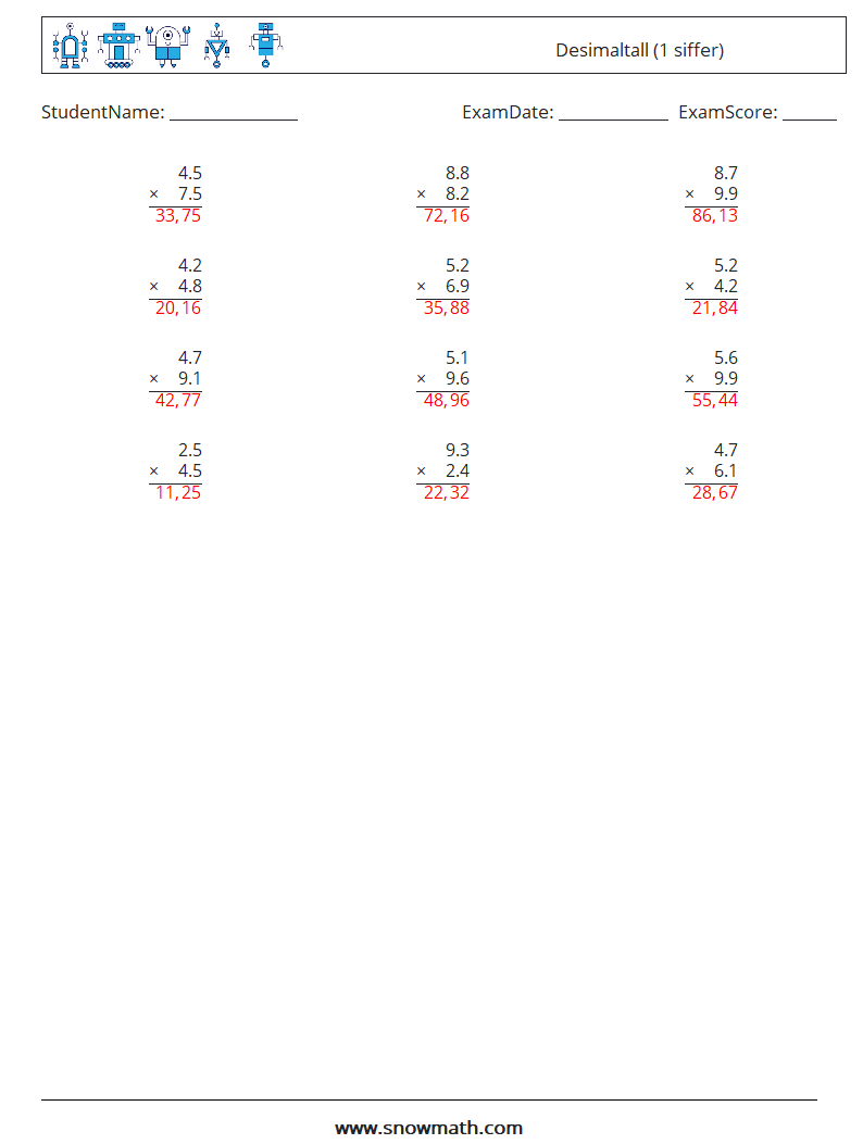 (12) Desimaltall (1 siffer) MathWorksheets 11 QuestionAnswer