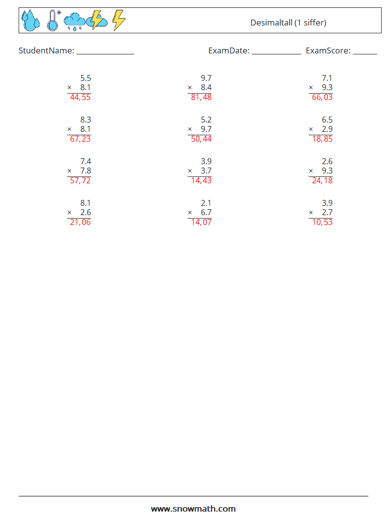 (12) Desimaltall (1 siffer) MathWorksheets 18 QuestionAnswer