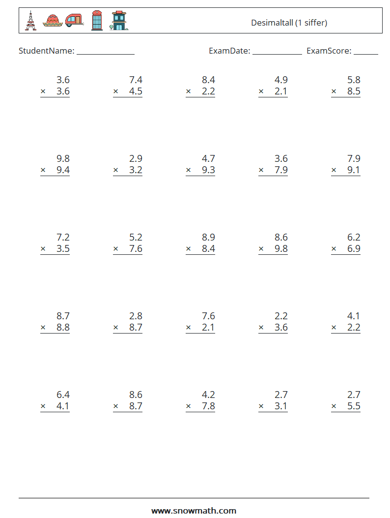 (25) Desimaltall (1 siffer) MathWorksheets 10