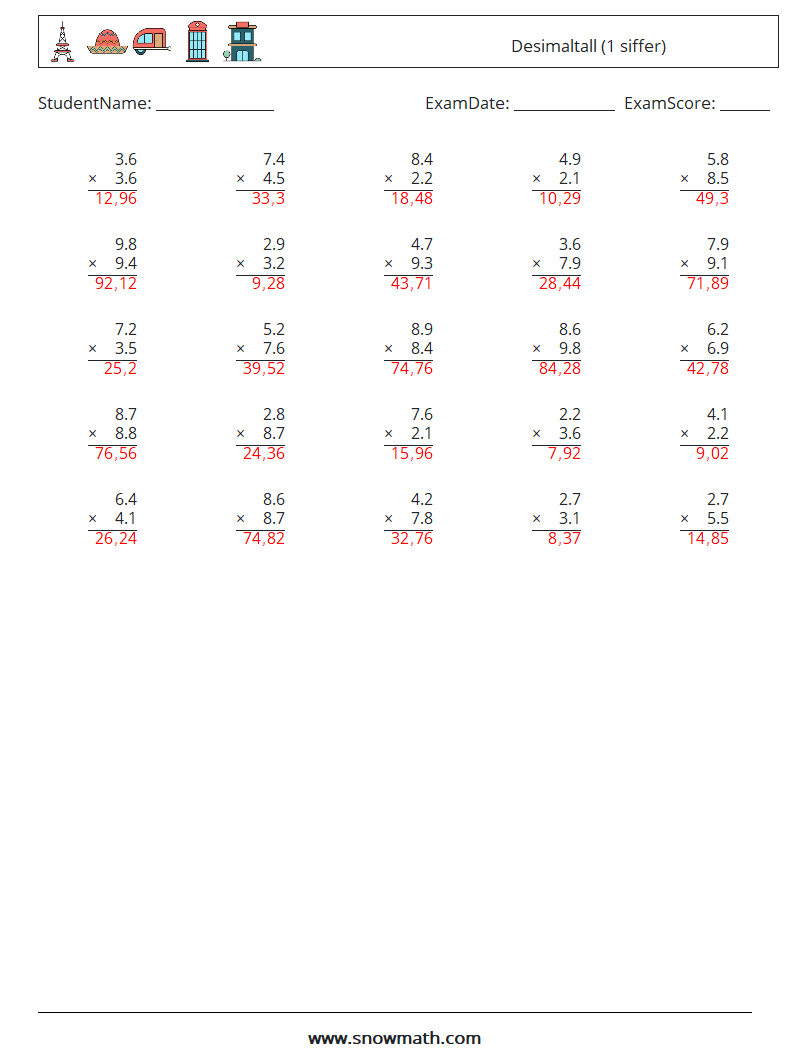 (25) Desimaltall (1 siffer) MathWorksheets 10 QuestionAnswer