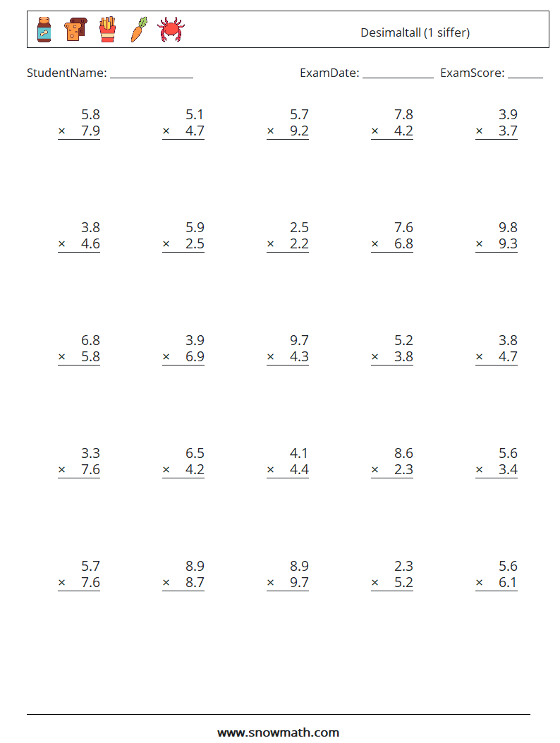 (25) Desimaltall (1 siffer) MathWorksheets 11