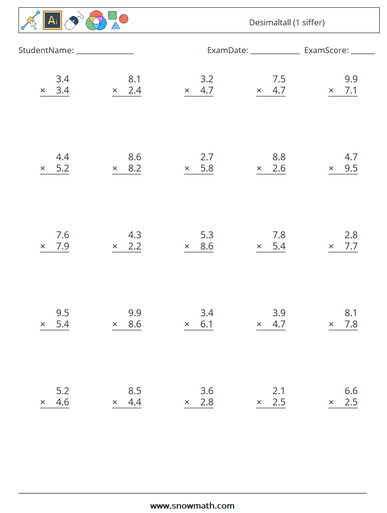 (25) Desimaltall (1 siffer) MathWorksheets 12