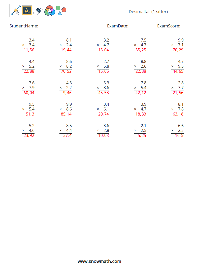 (25) Desimaltall (1 siffer) MathWorksheets 12 QuestionAnswer