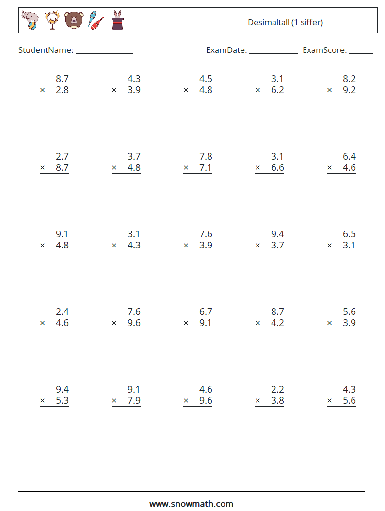 (25) Desimaltall (1 siffer) MathWorksheets 13