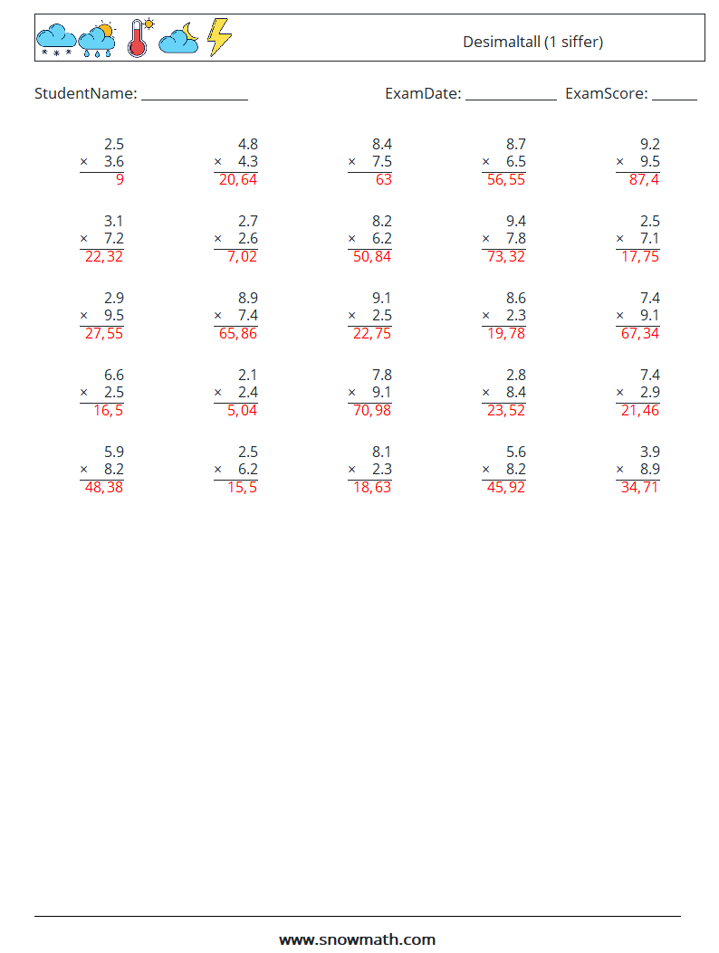 (25) Desimaltall (1 siffer) MathWorksheets 14 QuestionAnswer