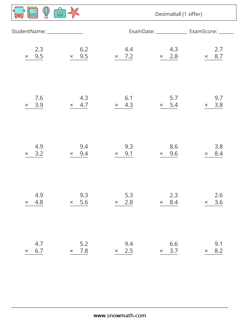 (25) Desimaltall (1 siffer) MathWorksheets 15